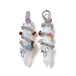 Opalite Opalite Pointed Big Pendants, with Platinum Plated Rack Plating Brass Findings and Mixed Stone Chip Beads, Cadmium Free & Lead Free, Faceted, Bullet Charm, 64~68x16~17x16~17mm, Hole: 7.5mm