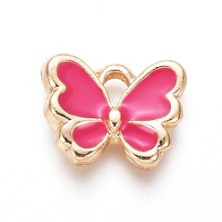 Deep Pink Light Gold Plated Alloy Charms, with Enamel, Butterfly, Deep Pink, 10.5x12.5x2.5mm, Hole: 2mm