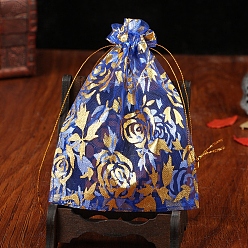 Bleu Pochettes à bijoux en organza avec cordon de serrage, sacs-cadeaux de fête de mariage, rectangle avec motif de fleurs estampé d'or, bleu, 12x9 cm