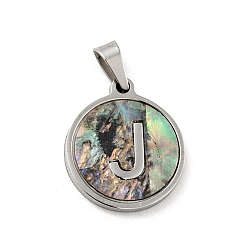 Letter J 304 Stainless Steel with Paua Shell Pendants, Stainless Steel Color, Flat Round with Letter Charm, Letter.J, 18x16x1.5mm, Hole: 3x6mm