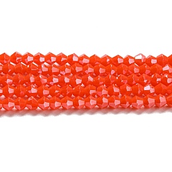 Naranja Rojo Hebras de cuentas de vidrio electrochapado de color sólido opaco, lustre de la perla chapado, facetados, bicono, rojo naranja, 4x4 mm, agujero: 0.8 mm, sobre 87~98 unidades / cadena, 12.76~14.61 pulgada (32.4~37.1 cm)