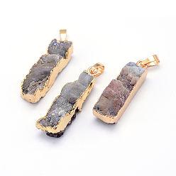 Natural Agate Natural Druzy Agate Rectangle Pendants, with Golden Plated Brass Finding, 36~40x10x9~11mm, Hole: 8x5mm