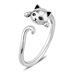 Platinum Rhodium Plated 925 Sterling Silver Cute Cat Ring Adjustable Half Open Ring Platinum Plated Ring Zircon Finger Ring Lovely Animal Jewelry Gift for Women, Inner Diameter: 16mm