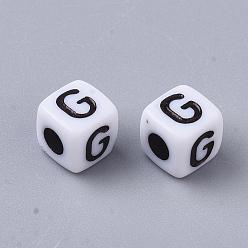 Letter G Белые непрозрачные акриловые бусины, горизонтальное отверстие, куб с черным алфавитом, letter.g, 4~5x4~5x4~5 мм, отверстие : 1.8 мм, Около 6470~6500 шт / 500 г