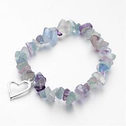 Fluorite Alloy Charm Bracelets, Heart, with Natural Fluorite Chip Beads and Elastic Crystal Thread, Silver, 2-1/4 inch(55mm)