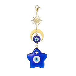 Star Handmade Evil Eye Lampwork Pendant Decorations, Sun and Moon Charm Decoration, Star Pattern, 131mm, Pendant: 113x43x7mm