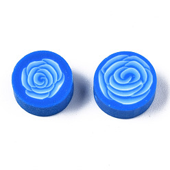 Dodger Blue Handmade Polymer Clay Beads, for DIY Jewelry Crafts Supplies, Flat Round with Flower, Dodger Blue, 9.5x3.5~5mm, Hole: 1.8mm