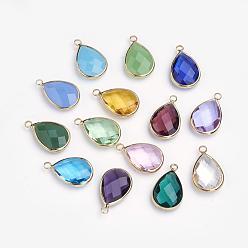 Mixed Color Glass Pendants, with Brass Findings, Faceted, teardrop, Golden, Mixed Color, 22x14x6mm, Hole: 2mm