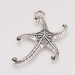 Antique Silver Tibetan Style Alloy Pendants, Starfish/Sea Stars, Cadmium Free & Lead Free, Antique Silver, 45x29x3mm, Hole: 2.5mm, about 335pcs/1000g