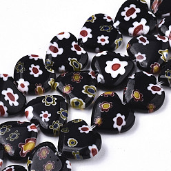 Black Handmade Millefiori Lampwork Beads Strands, Heart, Black, 11~12x12x4~5mm, Hole: 1mm, about 32~33pcs/strand, 12.72 inch~13.78 inch(32.3~35cm)