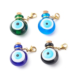 Mixed Color Handmade Lampwork Perfume Bottle Pendants, Essential Oil Bottle, Evil Eye, with 304 Stainless Steel Lobster Claw Clasps, Mixed Color, 4.4cm