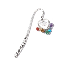 Colorful Chakra Gemstone Chip Beaded Tassel Heart Pendant Bookmark with Acrylic Butterfly, Flower Pattern Tibetan Style Alloy Hook Bookmarks, Colorful, 122x23x2mm