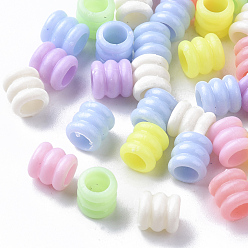 Couleur Mélangete Perles à rainures européennes en plastique polystyrène (ps) opaque, Perles avec un grand trou   , colonne avec rainure, couleur mixte, 7x6.5mm, trou: 4 mm, environ 3500 pcs / 500 g