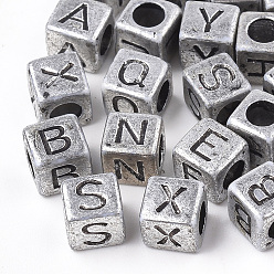 Letter A~Z Plated Acrylic Beads, Horizontal Hole, Cube with Letter, Antique Silver, Mixed, 6mm, Hole: 3mm, about 3000pcs/500g