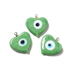 Light Green Handmade Lampwork Pendants, with Real 18K Gold Plated Plated Brass Finding, Cadmium Free & Lead Free, Heart with Evil Eye, Light Green, 19.5x18.2x5mm, Hole: 1.4mm