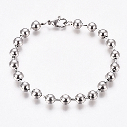 Stainless Steel Color 304 Stainless Steel Ball Chain Bracelets, with Lobster Claw Clasps, for Women, Stainless Steel Color, 7-1/2 inch(19cm)