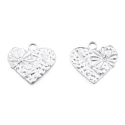 Stainless Steel Color 201 Stainless Steel Pendants, Heart with Flower, Stainless Steel Color, 18.5x20x2mm, Hole: 2.5mm