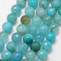Cyan Natural Crackle Agate Bead Strands, Round, Grade A, Faceted, Dyed & Heated, Cyan, 12mm, Hole: 1mm, about 32pcs/strand, 15 inch
