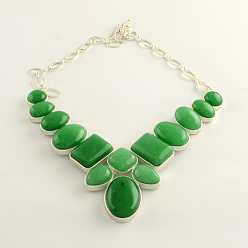 Malaysia Jade Natural Malaysia Jade Gemstone Bib Statement Necklaces with Alloy Cabochon Settings and Silver Color Plated Brass Chains, 19.3 inch