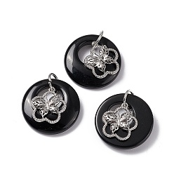 Obsidian Natural Obsidian Pendants, Flat Round Charms, with Platinum Tone Brass Flower with Butterfly Findings, Cadmium Free & Nickel Free & Lead Free, 30~35x28~32x10~10.5mm, Hole: 2mm