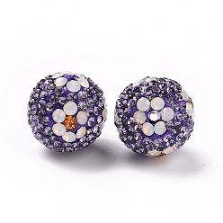 Tanzanite Perles de strass d'argile polymère , perles de boule pave disco , ronde avec des fleurs, tanzanite, 16mm, Trou: 1.6~1.8mm