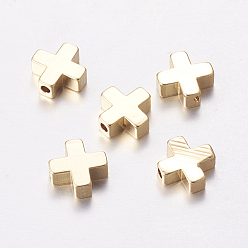 Real 18K Gold Plated Brass Beads, Cross, Real 18K Gold Plated, 8x8x3mm, Hole: 1.4mm