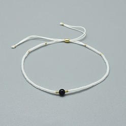 Agate Noire Bracelets réglables en agate noire naturelle tressée, avec cordon en nylon et perles de rocailles / perles heishi, 4.3~7.95 cm, 1.5 mm