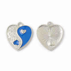 Dodger Azul Colgantes de la aleación del esmalte, corazón con encanto yin yang, Platino, azul dodger, 17x15x1.6 mm, agujero: 1.8 mm