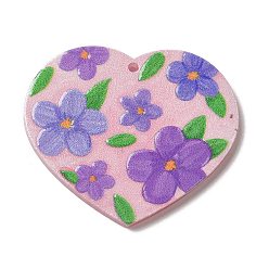 Flower Valentine's Day Printed Heart Theme Acrylic Pendants, Flower, 32x37.5x2.5mm, Hole: 1.6mm