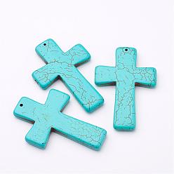 Pale Turquoise Gemstone Big Pendants, Pale Turquoise, Cross, about 40mm wide, 60mm long, hole: 1mm