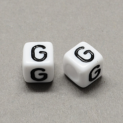 Letter G Gran agujero acrílico letra cuentas europeas, agujero horizontal, blanco y negro, cubo con letter.g, 6x6x6 mm, agujero: 4 mm, Sobre 2950 unidades / 500 g