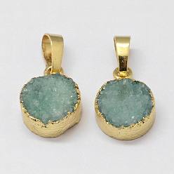 Pale Turquoise Electroplated Natural & Dyed Druzy Agate Pendants, with Golden Plated Brass Findings, Flat Round, Pale Turquoise, 16x12x6.5mm, Hole: 8x5mm