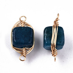 Teal Natural Agate Links Connectors, Light Gold Tone Brass Wire Wrapped, Cube, Teal, 17x8.5x7mm, Hole: 1.6mm