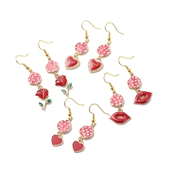 Motifs Mixtes Boucles d'oreilles pendantes en alliage d'émail rouge, bijoux en laiton thème saint valentin pour femme, or, motifs mixtes, 46~57mm, pin: 0.5 mm