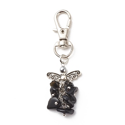 Obsidian Natural Obsidian Beaded Cluster Pendant Decorates, with Swivel Clasps, Lobster Clasp Charms, Clip-on Charms, for Keychain, Purse, Backpack Ornament, Stitch Marker, Wings, 67~68mm