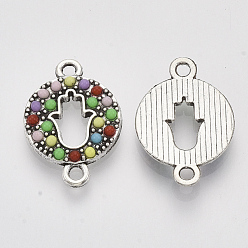 Colorful Antique Silver Tone Alloy Links connectors, with Resin, Flat Round with Hamsa Hand/Hand of Fatima/Hand of Miriam, Colorful, 21.5x15x2.5mm, Hole: 1.8mm