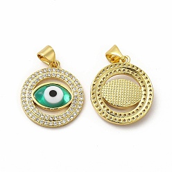 Turquoise Rack Plating Real 18K Gold Plated Brass Micro Pave Clear Cubic Zirconia Pendants, with Handmade Lampwork, Cadmium Free & Lead Free, Long-Lasting, Flat Round with Evil Eye, Turquoise, 20x17.5x3.5mm, Hole: 5.5x4mm