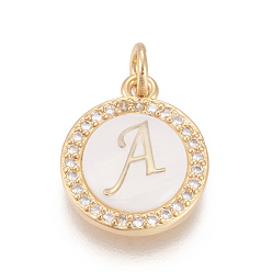Letter A Brass Micro Pave Cubic Zirconia Pendants, with Shell, Long-Lasting Plated, Lead Free & Cadmium Free & Nickel Free, Real 18K Gold Plated, Flat Round with Letter, Clear, Letter.A, 16x13.5x3mm, Hole: 3mm