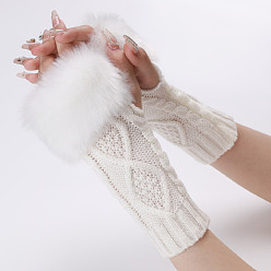 White Polyacrylonitrile Fiber Yarn Knitting Fingerless Gloves, Fluffy Winter Warm Gloves with Thumb Hole, White, 200~260x125mm