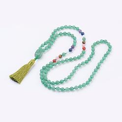 Green Aventurine Natural Green Aventurine Tassel Pendant Necklaces, with Gemstone Beads, Chakra Necklaces, 40.5 inch(103cm)