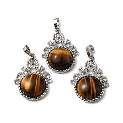 Tiger Eye Natural Tiger Eye Pendants, with Rack Plating Brass Findings, Cadmium Free & Lead Free, Flat Round & Flower, 34~34.5x25.5~26x8.5~9mm, Hole: 8x5.5mm
