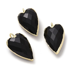 Obsidiana Colgantes naturales de obsidiana, encantos del corazón facetas, con trabillas en los bordes de latón dorado, 22.5x13x7.5 mm, agujero: 3 mm