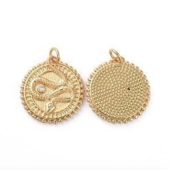 Golden Brass Micro Pave Clear Cubic Zirconia Pendants, with Jump Rings, Long-Lasting Plated, Flat Round with Snake, Golden, 18.5x17.5x2mm, Hole: 2.7mm