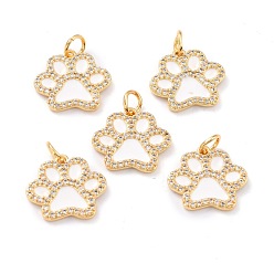 White Real 18K Gold Plated Brass Micro Pave Cubic Zirconia Charms, with Jump Ring and Enamel, Long-Lasting Plated, Dog Paw Prints, White, 13.5x15x2mm, Jump Ring: 5x1mm, 3mm Inner Diameter