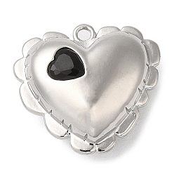Black Brass Pendants, with Glass, Nickel Free, Heart Charms, Real Platinum Plated, Black, 15.5x16.5x6.5mm, Hole: 1.2mm