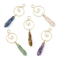 Mixed Stone Natural Mixed Gemstone Copper Wire Wrapped Big Pendants, Faceted Bullet with Musical Note, Real 18K Gold Plated, 67~71x21~24x9~10.5mm, Hole: 4.5mm