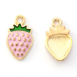 Pearl Pink Light Gold Plated Alloy Enamel Pendants, Strawberry, Pearl Pink, 16.8x10x1.5mm, Hole: 1.8mm
