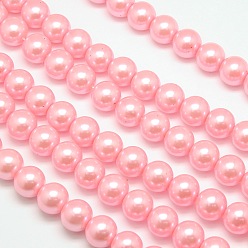 Pink Brins de perles rondes en verre teinté écologique, Grade a, cordon en coton fileté, rose, 14mm, Trou: 0.7~1.1mm, Environ 30 pcs/chapelet, 15 pouce