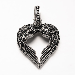 Chorro Colgantes de diamantes de imitación de acero inoxidable chapado en plata antigua 304, corazón con wingjet, 39.5x31x7 mm, agujero: 6.5x10 mm