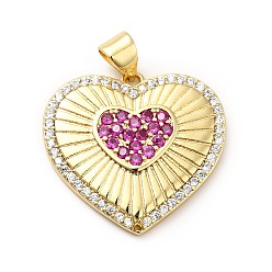 Fuchsia Brass Micro Pave Cubic Zirconia Pendants, Long-Lasting Plated, Real 18K Gold Plated, Heart, Fuchsia, 21x22.5x2.5mm, Hole: 3.5x4mm
